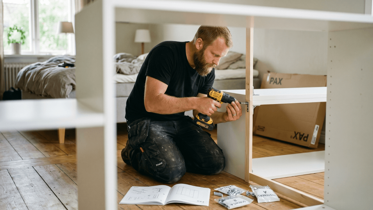 Handyman skruvar ihop PAX-garderob - Comfy Living