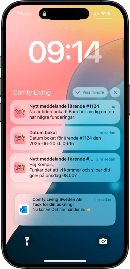 Comfy Living appen visar notifikationer