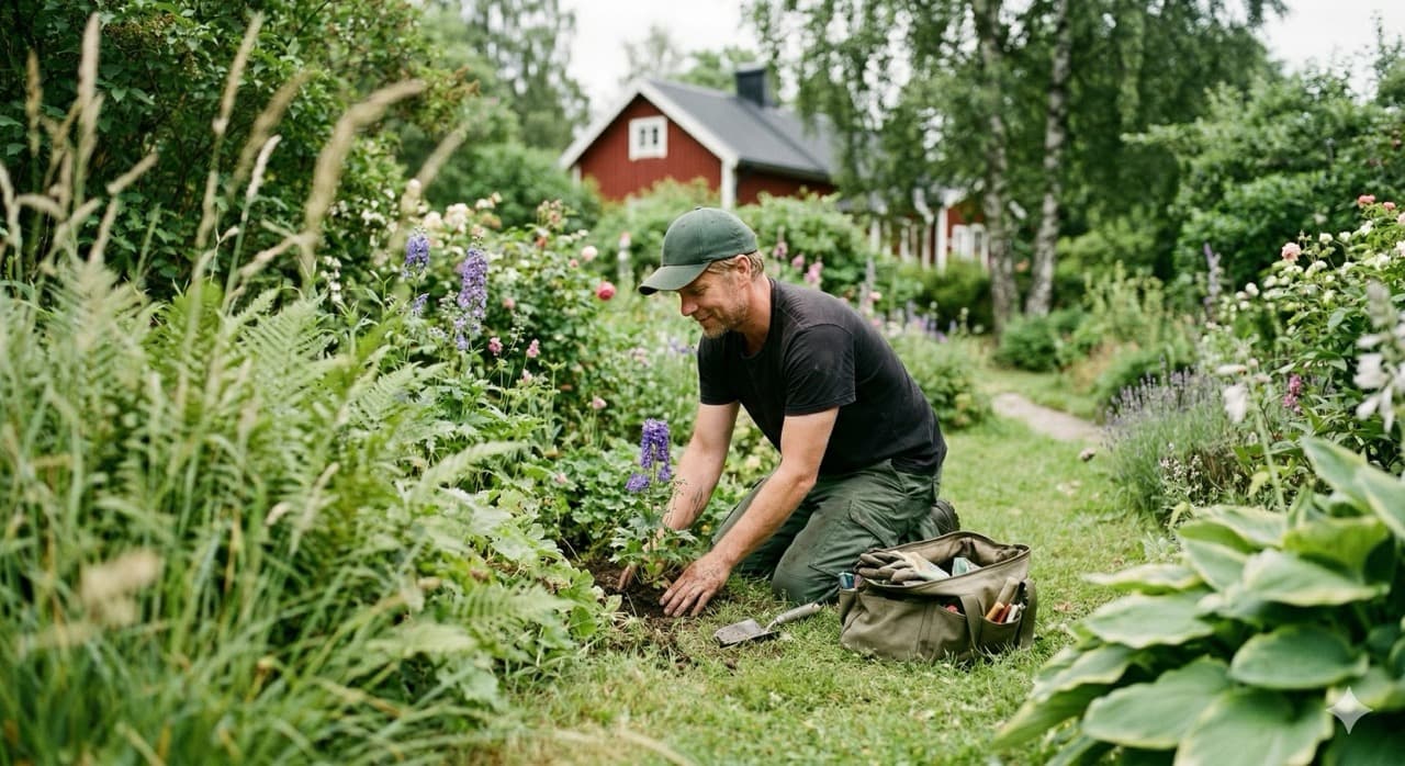 Hantverkare planterar blommor i sommarträdgård